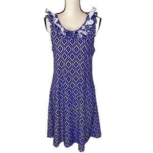 Beacon Hill Kristy Blue and White Ruffled Neck A Line Dress Size M